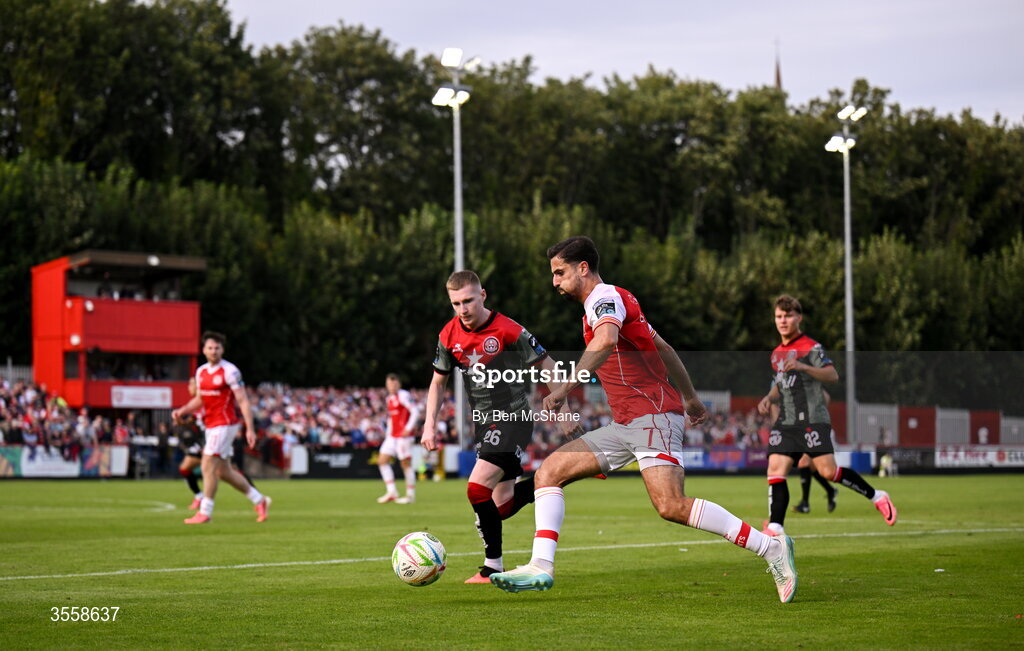5 September 2026; Zack Elbouzedi of St Patrick's Athletic in action against Ross Tierney of Bohemians during the Club Orange Men’s FAI Cup quarter-final match between St Patrick's Athletic and Bohemians at Richmond Park in Dublin. Photo by Ben McShane/Sportsfile