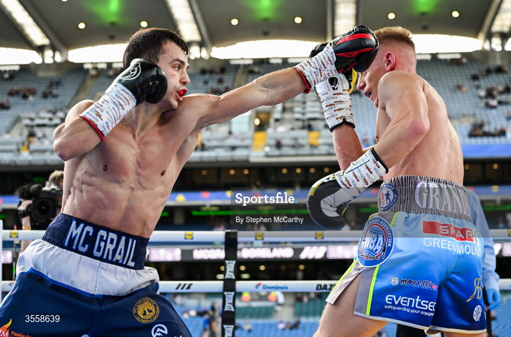 5 September 2026; Joe McGrail, left, and Matthew Boreland during their WBA continental gold super bantamweight bout at the Once Upon A Time fight night in Croke Park, Dublin. Photo by Stephen McCarthy/Sportsfile