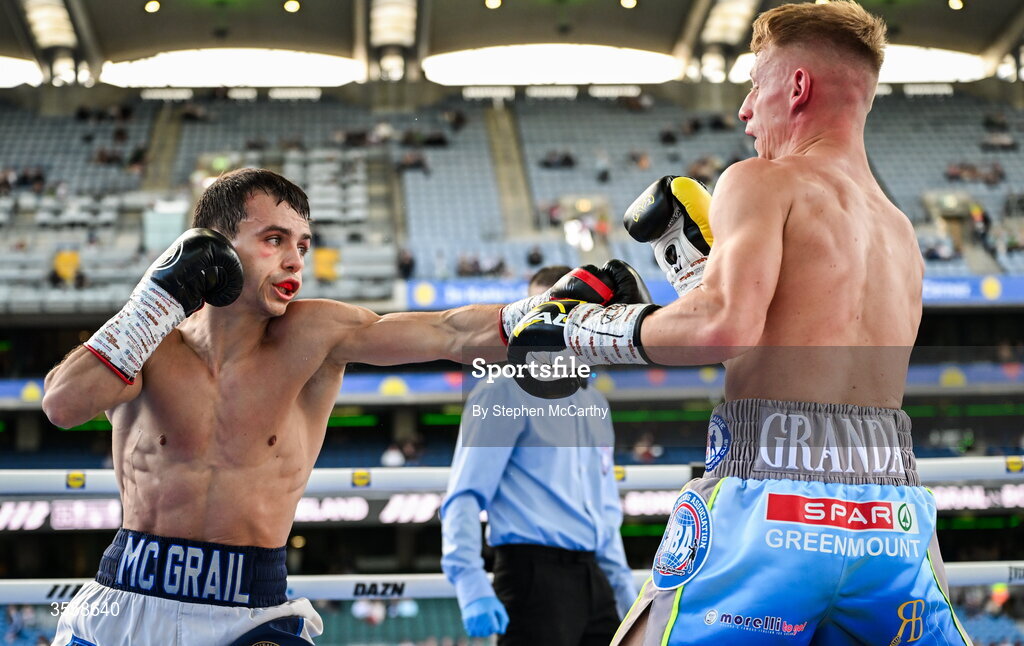 5 September 2026; Joe McGrail, left, and Matthew Boreland during their WBA continental gold super bantamweight bout at the Once Upon A Time fight night in Croke Park, Dublin. Photo by Stephen McCarthy/Sportsfile