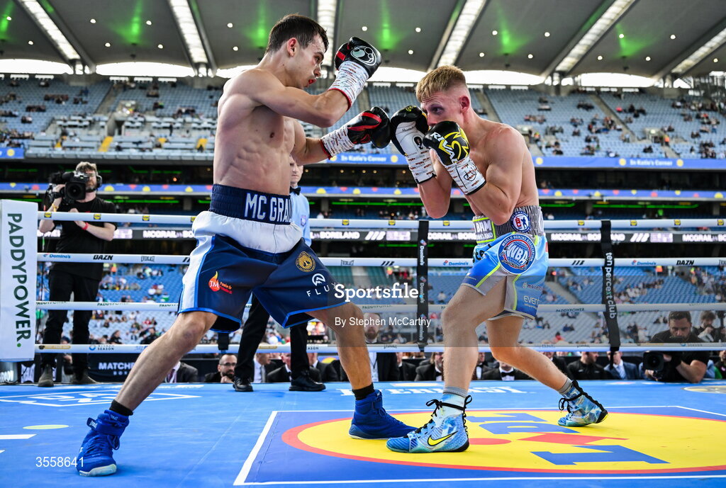 5 September 2026; Joe McGrail, left, and Matthew Boreland during their WBA continental gold super bantamweight bout at the Once Upon A Time fight night in Croke Park, Dublin. Photo by Stephen McCarthy/Sportsfile