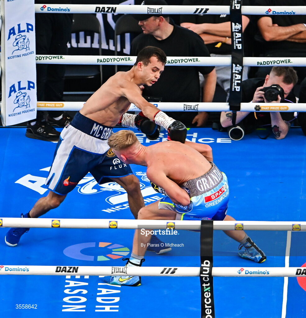 5 September 2026; Joe McGrail, left, and Matthew Boreland during their WBA continental gold super bantamweight bout at the Once Upon A Time fight night in Croke Park, Dublin. Photo by Piaras O Midheach/Sportsfile