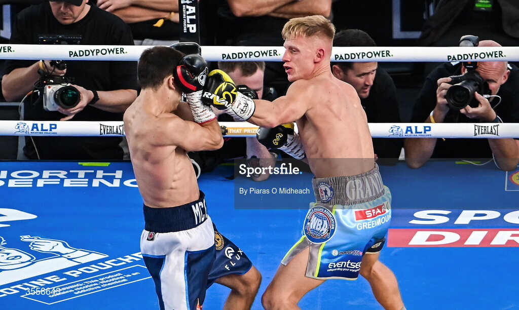5 September 2026; Joe McGrail, left, and Matthew Boreland during their WBA continental gold super bantamweight bout at the Once Upon A Time fight night in Croke Park, Dublin. Photo by Piaras O Midheach/Sportsfile