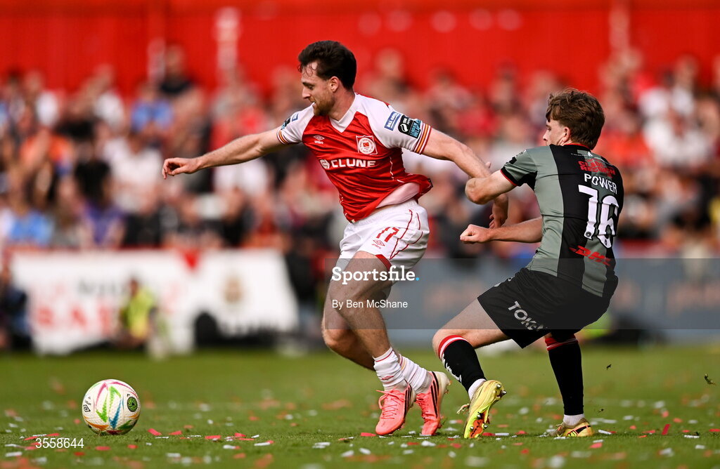 5 September 2026; Jason McClelland of St Patrick's Athletic in action against Darragh Power of Bohemians during the Club Orange Men’s FAI Cup quarter-final match between St Patrick's Athletic and Bohemians at Richmond Park in Dublin. Photo by Ben McShane/Sportsfile