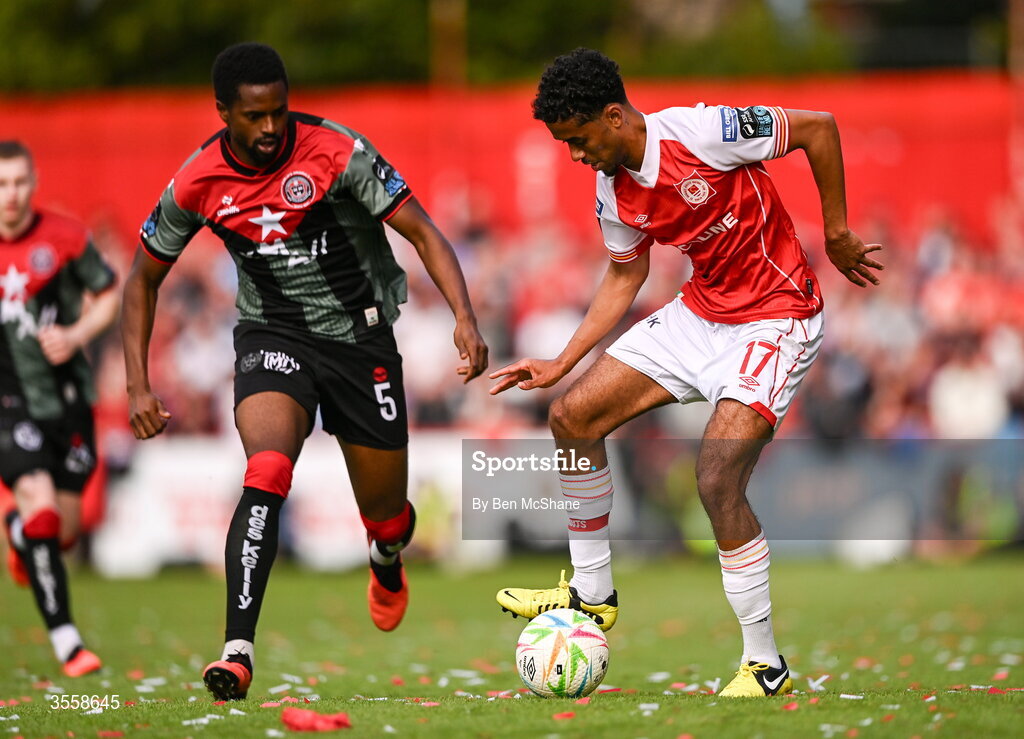 5 September 2026; Romal Palmer of St Patrick's Athletic in action against Sadou Diallo of Bohemians during the Club Orange Men’s FAI Cup quarter-final match between St Patrick's Athletic and Bohemians at Richmond Park in Dublin. Photo by Ben McShane/Sportsfile