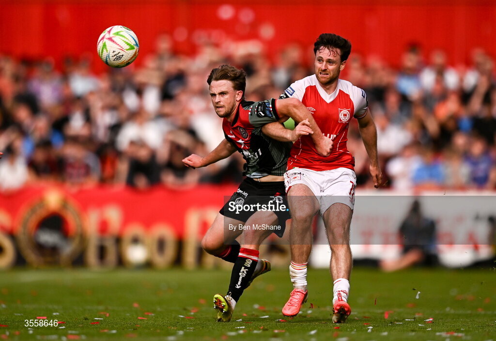 5 September 2026; Jason McClelland of St Patrick's Athletic in action against Darragh Power of Bohemians during the Club Orange Men’s FAI Cup quarter-final match between St Patrick's Athletic and Bohemians at Richmond Park in Dublin. Photo by Ben McShane/Sportsfile
