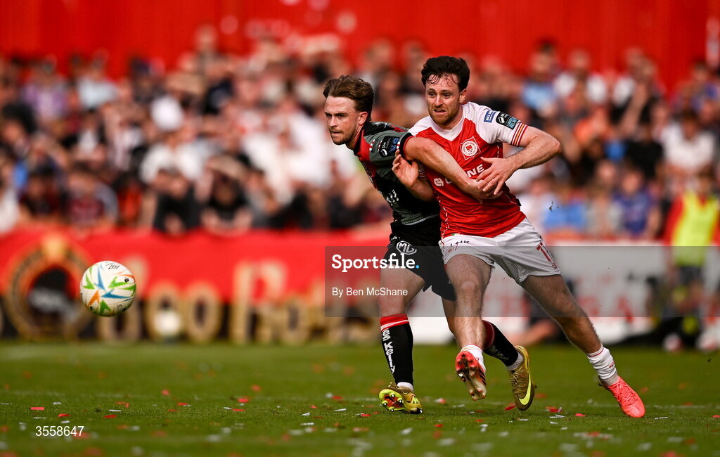 5 September 2026; Jason McClelland of St Patrick's Athletic in action against Darragh Power of Bohemians during the Club Orange Men’s FAI Cup quarter-final match between St Patrick's Athletic and Bohemians at Richmond Park in Dublin. Photo by Ben McShane/Sportsfile