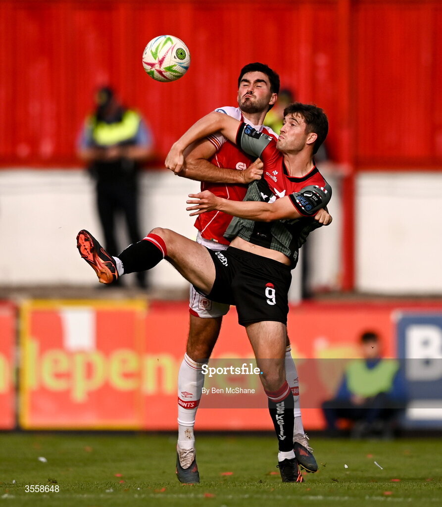 5 September 2026; Colm Whelan of Bohemians in action against Luke Turner of St Patrick's Athletic during the Club Orange Men’s FAI Cup quarter-final match between St Patrick's Athletic and Bohemians at Richmond Park in Dublin. Photo by Ben McShane/Sportsfile