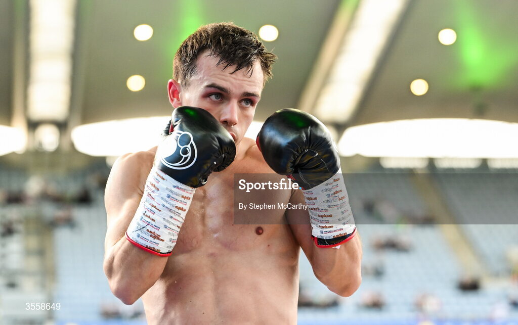 5 September 2026; Joe McGrail during his WBA continental gold super bantamweight bout with Matthew Boreland at the Once Upon A Time fight night in Croke Park, Dublin. Photo by Stephen McCarthy/Sportsfile