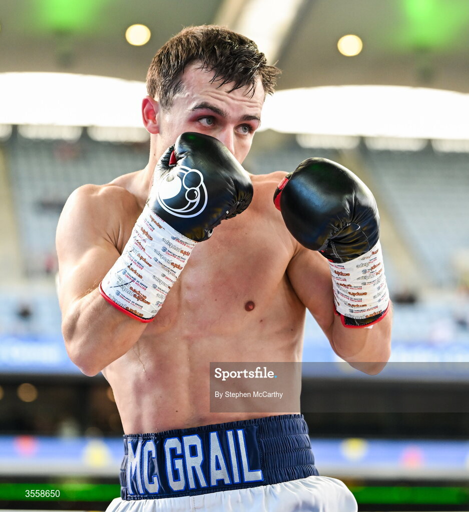 5 September 2026; Joe McGrail during his WBA continental gold super bantamweight bout with Matthew Boreland at the Once Upon A Time fight night in Croke Park, Dublin. Photo by Stephen McCarthy/Sportsfile
