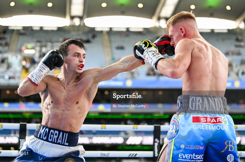 5 September 2026; Joe McGrail, left, and Matthew Boreland during their WBA continental gold super bantamweight bout at the Once Upon A Time fight night in Croke Park, Dublin. Photo by Stephen McCarthy/Sportsfile