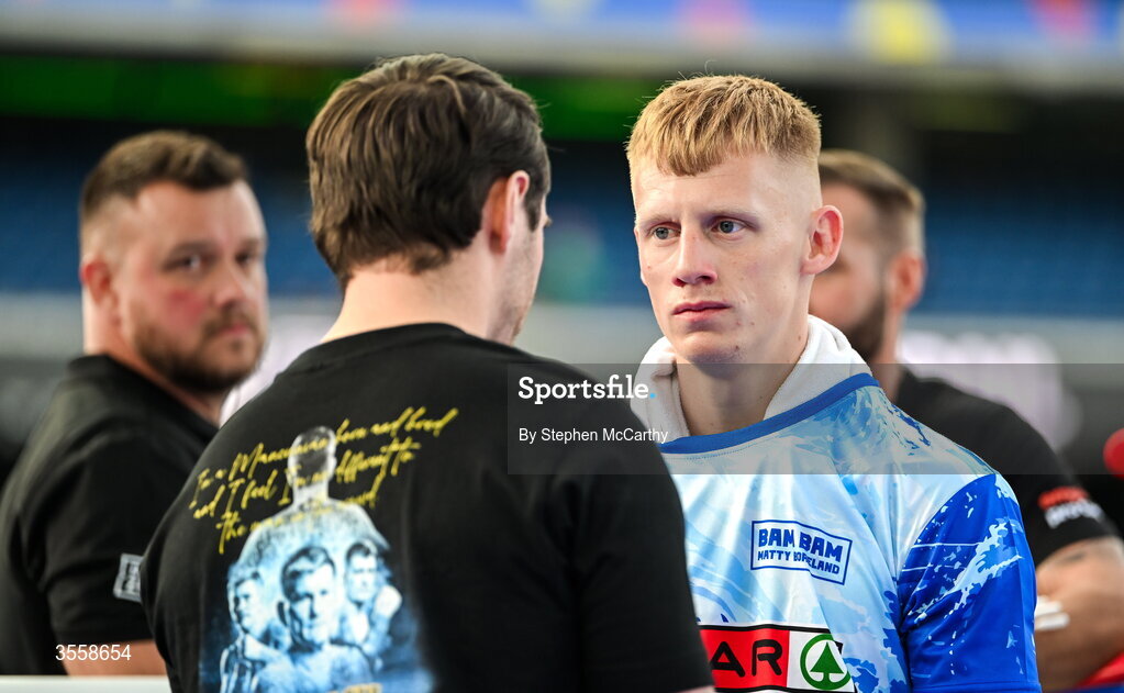 5 September 2026; Matthew Boreland, right, with his trainer Ryan Burnett before his WBA continental gold super bantamweight bout with Joe McGrail at the Once Upon A Time fight night in Croke Park, Dublin. Photo by Stephen McCarthy/Sportsfile