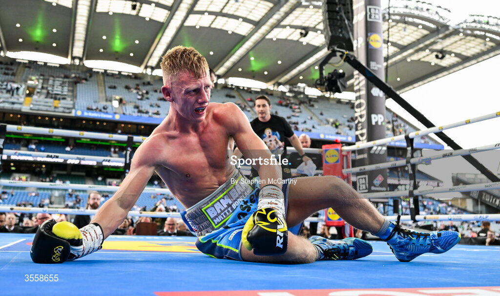 5 September 2026; Matthew Boreland after being knocked down during his WBA continental gold super bantamweight bout with Joe McGrail at the Once Upon A Time fight night in Croke Park, Dublin. Photo by Stephen McCarthy/Sportsfile