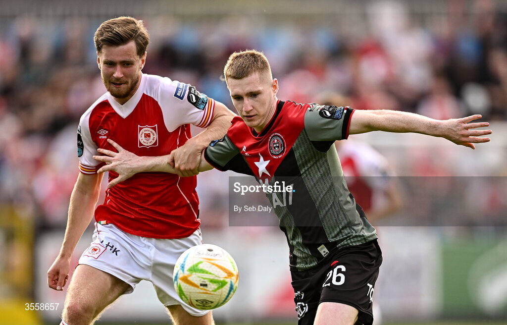 5 September 2026; Ross Tierney of Bohemians in action against Barry Baggley of St Patrick's Athletic during the Club Orange Men’s FAI Cup quarter-final match between St Patrick's Athletic and Bohemians at Richmond Park in Dublin. Photo by Seb Daly/Sportsfile