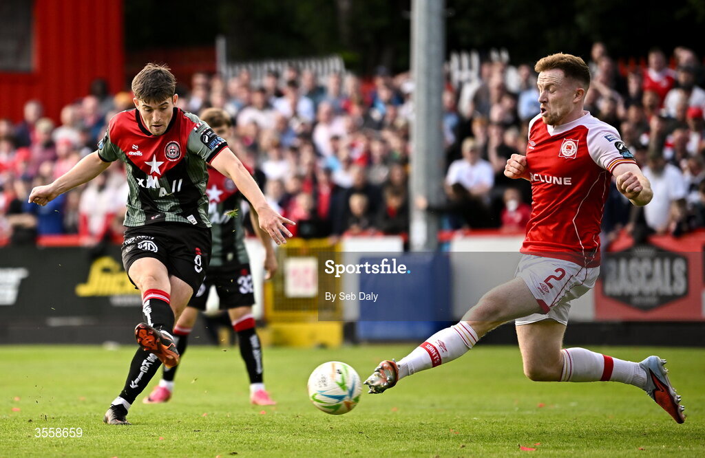 5 September 2026; Colm Whelan of Bohemians has a shot blocked by Sean Hoare of St Patrick's Athletic during the Club Orange Men’s FAI Cup quarter-final match between St Patrick's Athletic and Bohemians at Richmond Park in Dublin. Photo by Seb Daly/Sportsfile