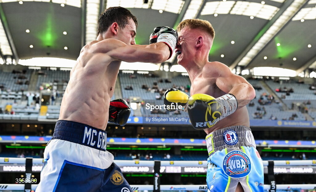5 September 2026; Joe McGrail, left, and Matthew Boreland during their WBA continental gold super bantamweight bout at the Once Upon A Time fight night in Croke Park, Dublin. Photo by Stephen McCarthy/Sportsfile