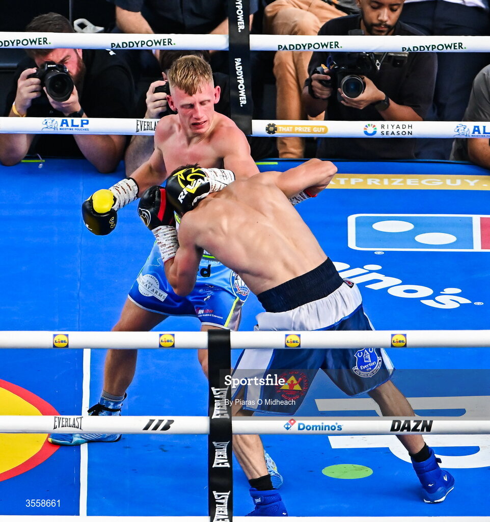 5 September 2026; Matthew Boreland, left, and Joe McGrail during their WBA continental gold super bantamweight bout at the Once Upon A Time fight night in Croke Park, Dublin. Photo by Piaras O Midheach/Sportsfile