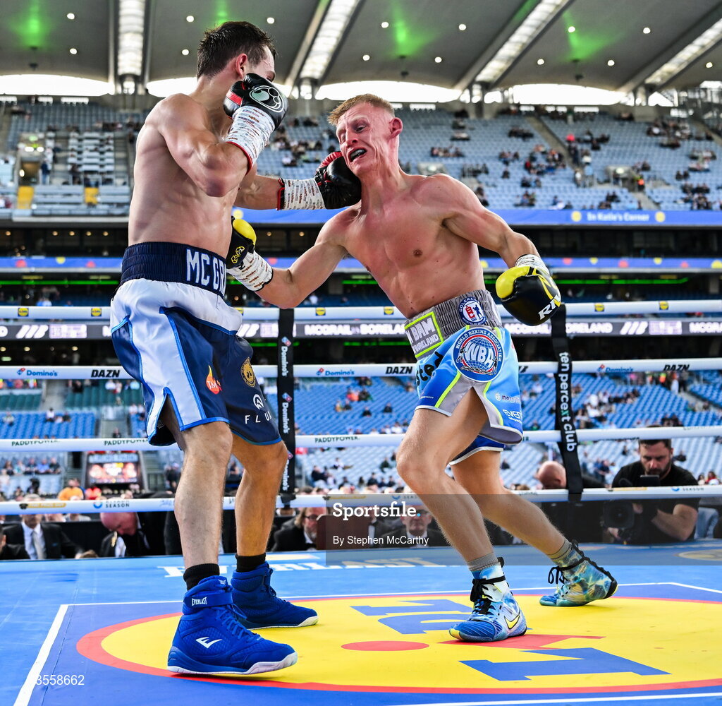 5 September 2026; Joe McGrail, left, and Matthew Boreland during their WBA continental gold super bantamweight bout at the Once Upon A Time fight night in Croke Park, Dublin. Photo by Stephen McCarthy/Sportsfile