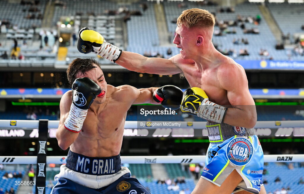5 September 2026; Joe McGrail, left, and Matthew Boreland during their WBA continental gold super bantamweight bout at the Once Upon A Time fight night in Croke Park, Dublin. Photo by Stephen McCarthy/Sportsfile