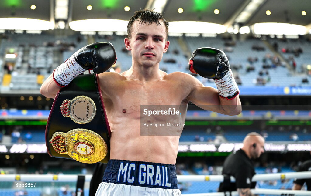 5 September 2026; Joe McGrail celebrates after being declared victorious in his WBA continental gold super bantamweight bout with Matthew Boreland at the Once Upon A Time fight night in Croke Park, Dublin. Photo by Stephen McCarthy/Sportsfile