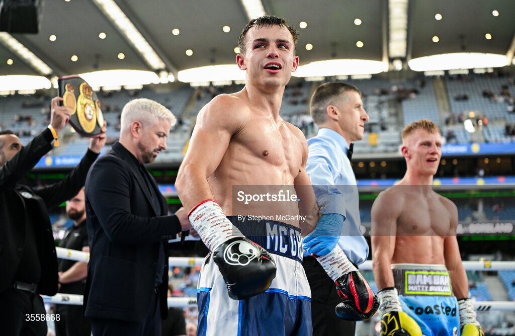 5 September 2026; Joe McGrail celebrates after being declared victorious in his WBA continental gold super bantamweight bout with Matthew Boreland at the Once Upon A Time fight night in Croke Park, Dublin. Photo by Stephen McCarthy/Sportsfile