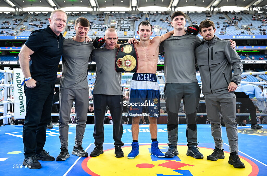 5 September 2026; Joe McGrail, third from right, celebrates with his team after being declared victorious in his WBA continental gold super bantamweight bout with Matthew Boreland at the Once Upon A Time fight night in Croke Park, Dublin. Photo by Stephen McCarthy/Sportsfile