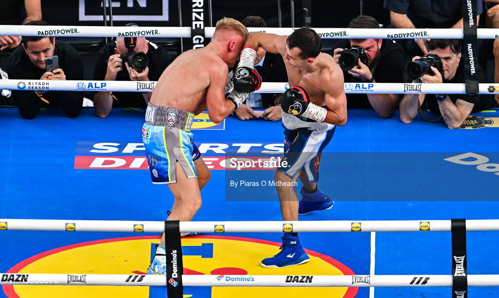 5 September 2026; Joe McGrail, right, and Matthew Boreland during their WBA continental gold super bantamweight bout at the Once Upon A Time fight night in Croke Park, Dublin. Photo by Piaras O Midheach/Sportsfile