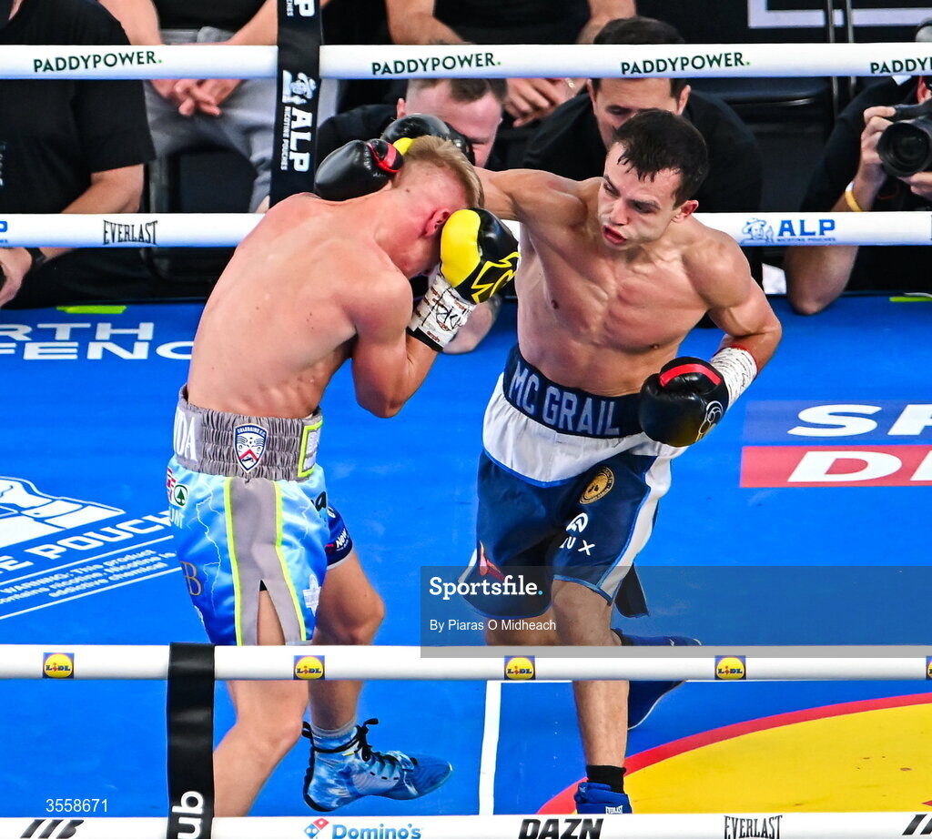 5 September 2026; Joe McGrail, right, and Matthew Boreland during their WBA continental gold super bantamweight bout at the Once Upon A Time fight night in Croke Park, Dublin. Photo by Piaras O Midheach/Sportsfile