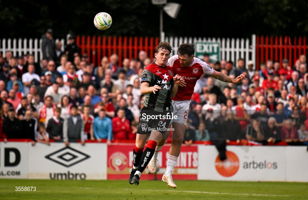 5 September 2026; Ryan Edmondson of St Patrick's Athletic has a header on goal despite the attention of Cian Byrne of Bohemians during the Club Orange Men’s FAI Cup quarter-final match between St Patrick's Athletic and Bohemians at Richmond Park in Dublin. Photo by Ben McShane/Sportsfile