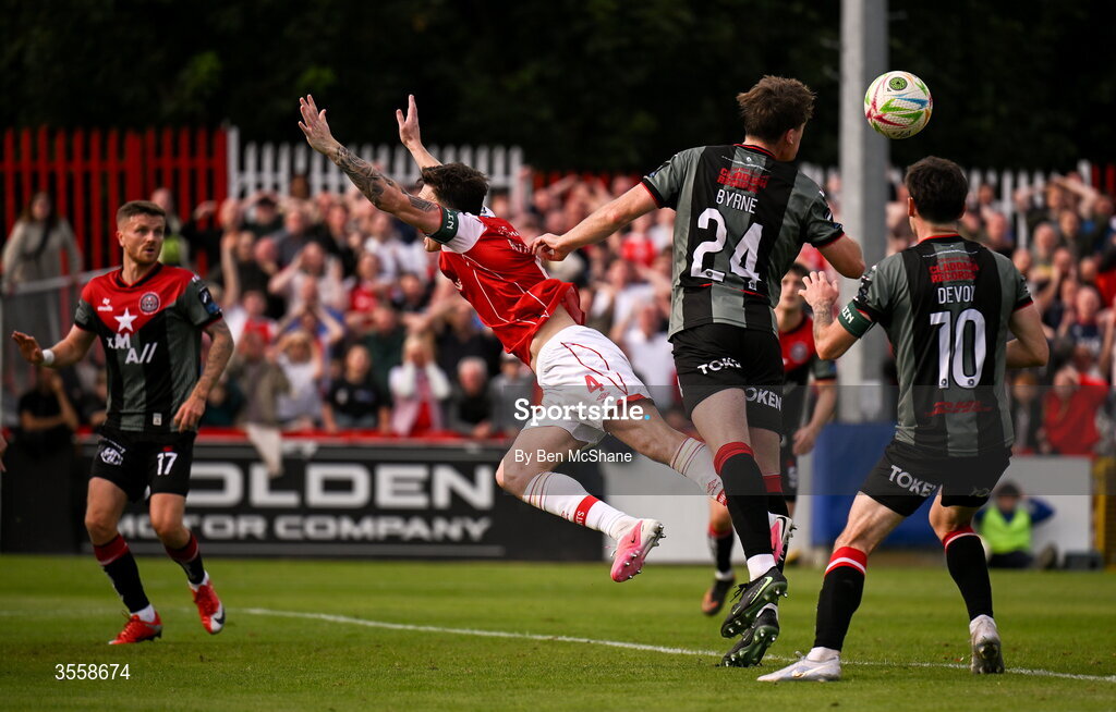 5 September 2026; Joe Redmond of St Patrick's Athletic is pushed by Cian Byrne of Bohemians in the box during the Club Orange Men’s FAI Cup quarter-final match between St Patrick's Athletic and Bohemians at Richmond Park in Dublin. Photo by Ben McShane/Sportsfile