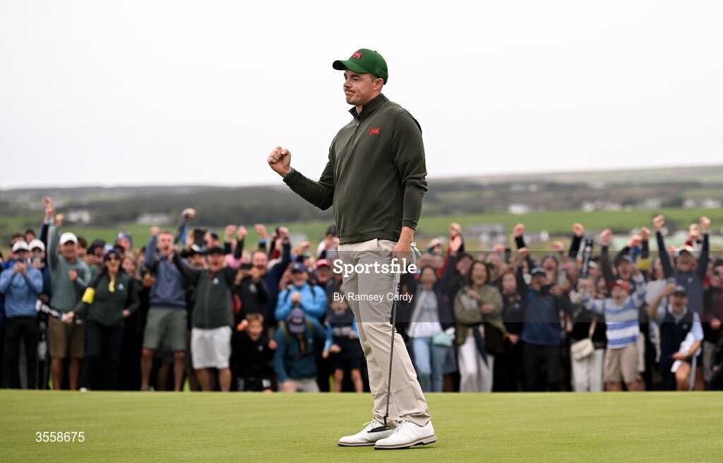 5 September 2026; Stuart Grehan of Great Britain and Ireland celebrates on the 18th green after defeating Preston Stout of USA during the singles matches on day one of the 51st Walker Cup at Lahinch Golf Club in Lahinch, Clare. Photo by Ramsey Cardy/Sportsfile
