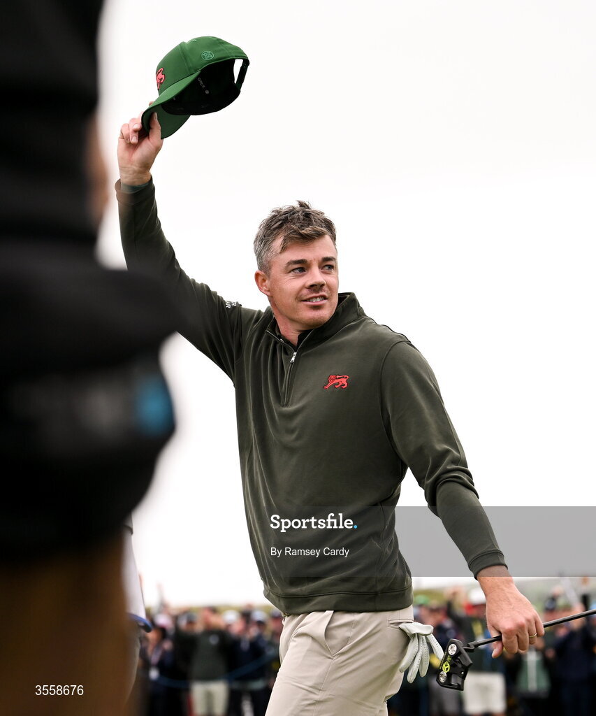 5 September 2026; Stuart Grehan of Great Britain and Ireland celebrates on the 18th green after defeating Preston Stout of USA during the singles matches on day one of the 51st Walker Cup at Lahinch Golf Club in Lahinch, Clare. Photo by Ramsey Cardy/Sportsfile