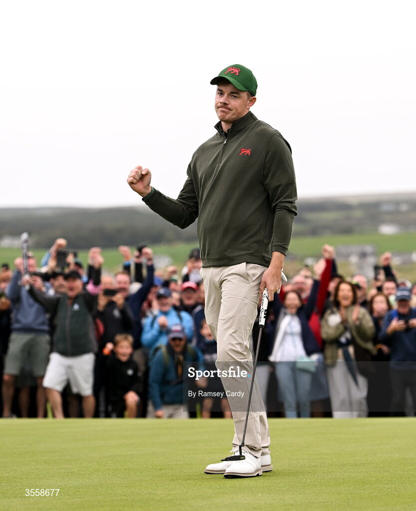 5 September 2026; Stuart Grehan of Great Britain and Ireland celebrates on the 18th green after defeating Preston Stout of USA during the singles matches on day one of the 51st Walker Cup at Lahinch Golf Club in Lahinch, Clare. Photo by Ramsey Cardy/Sportsfile