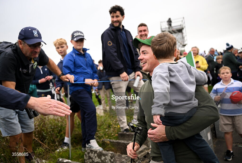 5 September 2026; Stuart Grehan of Great Britain and Ireland celebrates with his son Kai after the singles matches on day one of the 51st Walker Cup at Lahinch Golf Club in Lahinch, Clare. Photo by Ramsey Cardy/Sportsfile