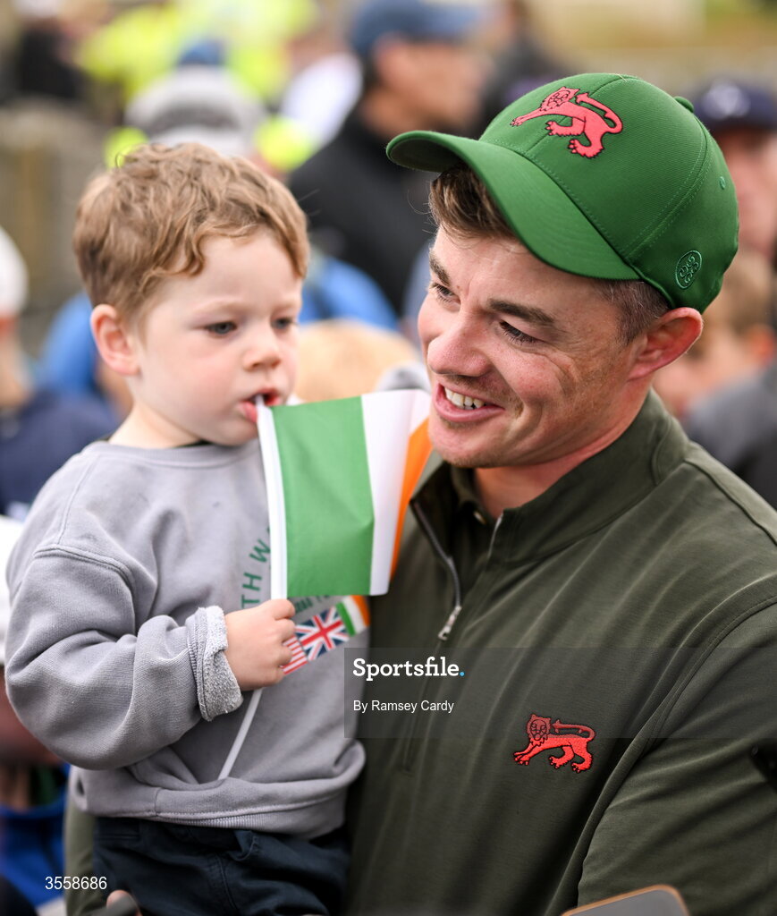5 September 2026; Stuart Grehan of Great Britain and Ireland is interviewed with his son Kai after the singles matches on day one of the 51st Walker Cup at Lahinch Golf Club in Lahinch, Clare. Photo by Ramsey Cardy/Sportsfile