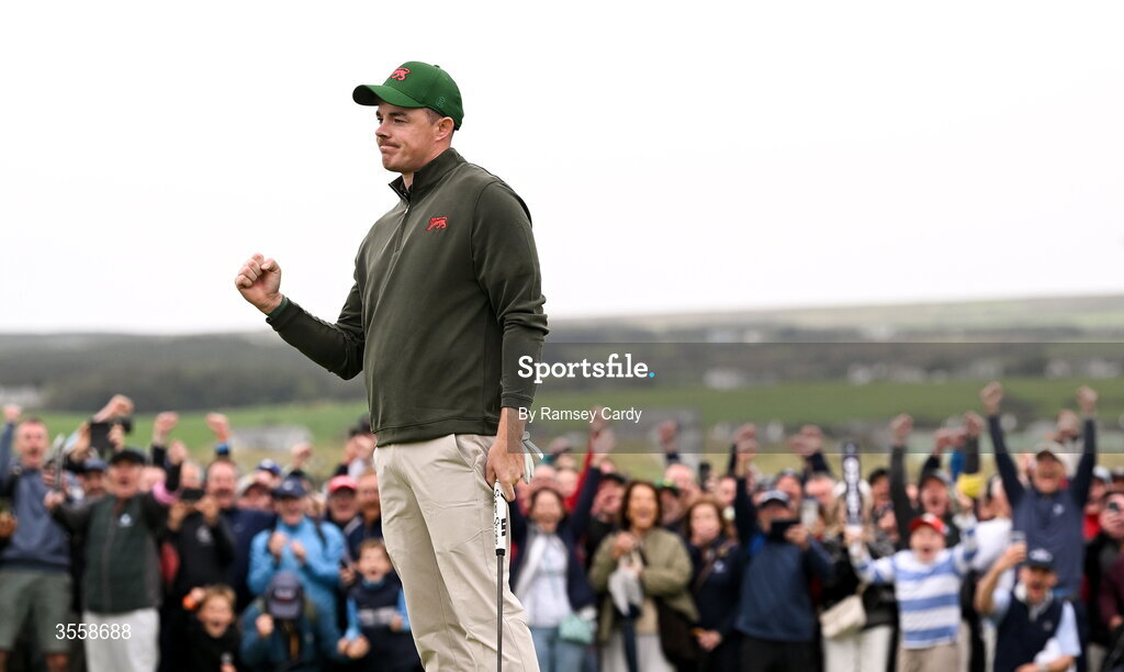 5 September 2026; Stuart Grehan of Great Britain and Ireland celebrates on the 18th green after defeating Preston Stout of USA during the singles matches on day one of the 51st Walker Cup at Lahinch Golf Club in Lahinch, Clare. Photo by Ramsey Cardy/Sportsfile