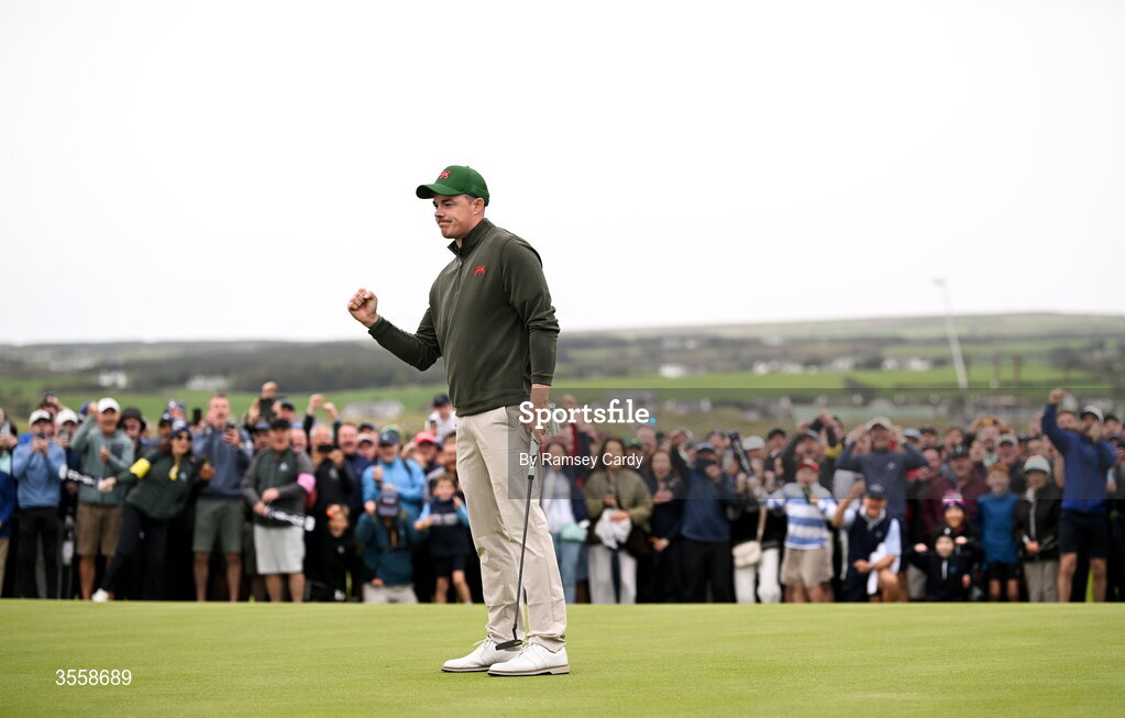 5 September 2026; Stuart Grehan of Great Britain and Ireland celebrates on the 18th green after defeating Preston Stout of USA during the singles matches on day one of the 51st Walker Cup at Lahinch Golf Club in Lahinch, Clare. Photo by Ramsey Cardy/Sportsfile