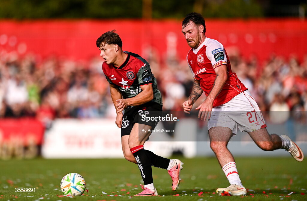 5 September 2026; Markuss Strods of Bohemians in action against Ryan Edmondson of St Patrick's Athletic during the Club Orange Men’s FAI Cup quarter-final match between St Patrick's Athletic and Bohemians at Richmond Park in Dublin. Photo by Ben McShane/Sportsfile