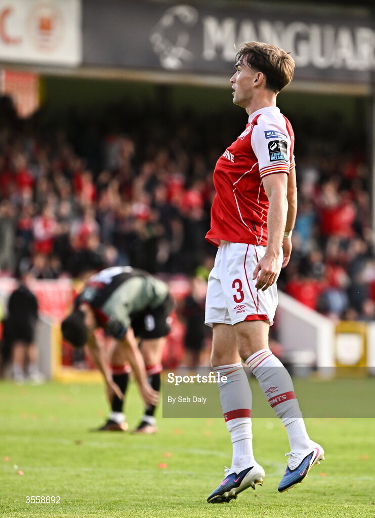 5 September 2026; Anto Breslin of St Patrick's Athletic celebrates after scoring his side's first goal during the Club Orange Men’s FAI Cup quarter-final match between St Patrick's Athletic and Bohemians at Richmond Park in Dublin. Photo by Seb Daly/Sportsfile