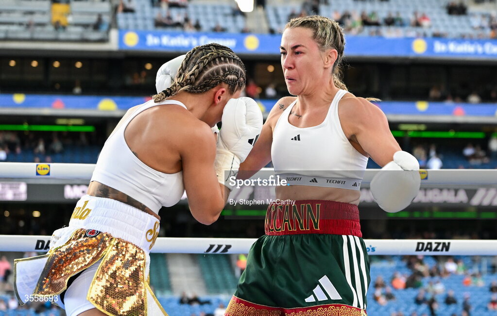 5 September 2026; Molly McCann, right, and Sylwia Doligala during their bantamweight bout at the Once Upon A Time fight night in Croke Park, Dublin. Photo by Stephen McCarthy/Sportsfile