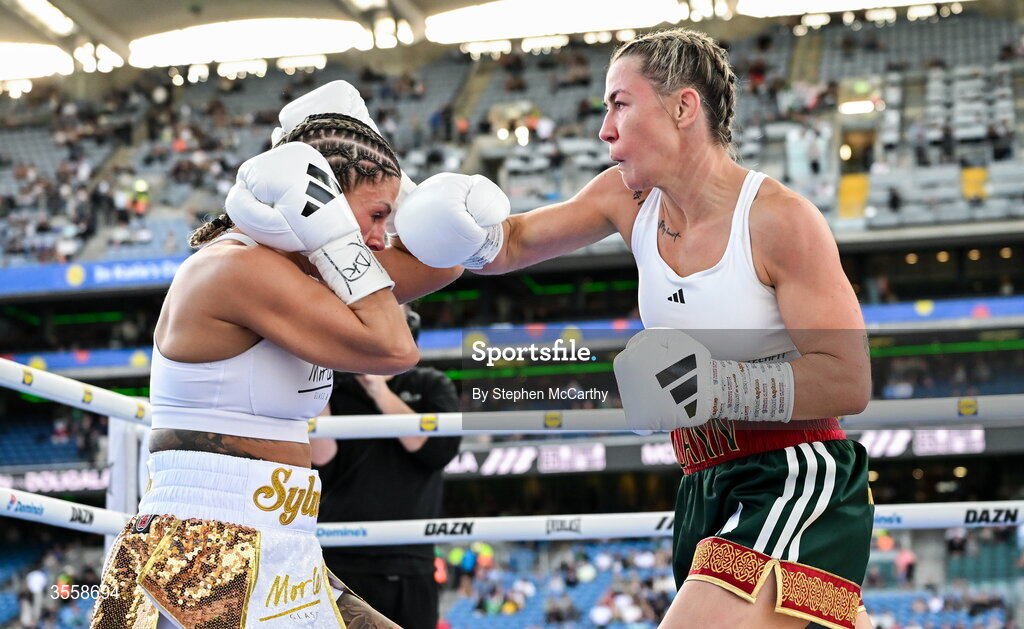 5 September 2026; Molly McCann, right, and Sylwia Doligala during their bantamweight bout at the Once Upon A Time fight night in Croke Park, Dublin. Photo by Stephen McCarthy/Sportsfile