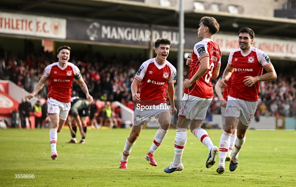 5 September 2026; Anto Breslin of St Patrick's Athletic, second from right, celebrates with teammates after scoring their side's first goal during the Club Orange Men’s FAI Cup quarter-final match between St Patrick's Athletic and Bohemians at Richmond Park in Dublin. Photo by Seb Daly/Sportsfile