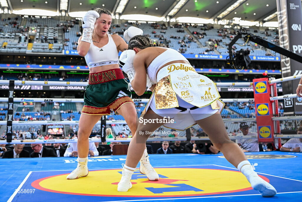 5 September 2026; Molly McCann, left, and Sylwia Doligala during their bantamweight bout at the Once Upon A Time fight night in Croke Park, Dublin. Photo by Stephen McCarthy/Sportsfile