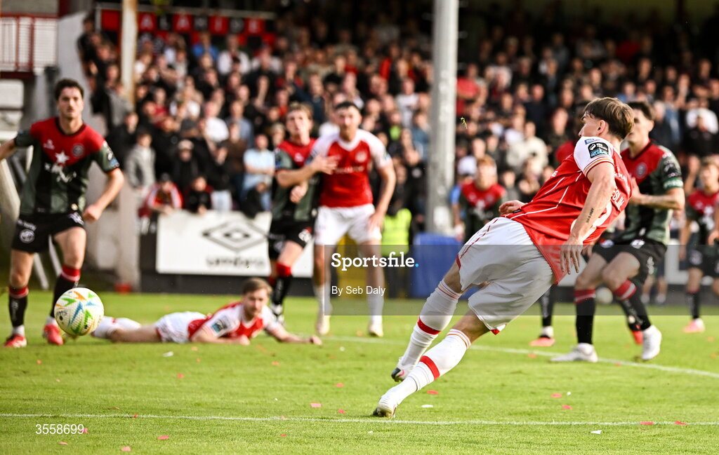 5 September 2026; Anto Breslin of St Patrick's Athletic scores his side's first goal during the Club Orange Men’s FAI Cup quarter-final match between St Patrick's Athletic and Bohemians at Richmond Park in Dublin. Photo by Seb Daly/Sportsfile