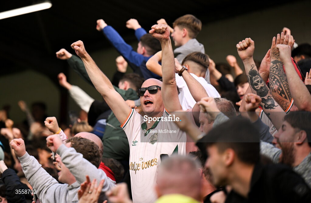 5 September 2026; St Patrick's Athletic supporters celebrate after their side's first goal during the Club Orange Men’s FAI Cup quarter-final match between St Patrick's Athletic and Bohemians at Richmond Park in Dublin. Photo by Ben McShane/Sportsfile