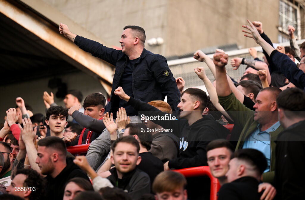 5 September 2026; St Patrick's Athletic supporters celebrate after their side's first goal during the Club Orange Men’s FAI Cup quarter-final match between St Patrick's Athletic and Bohemians at Richmond Park in Dublin. Photo by Ben McShane/Sportsfile