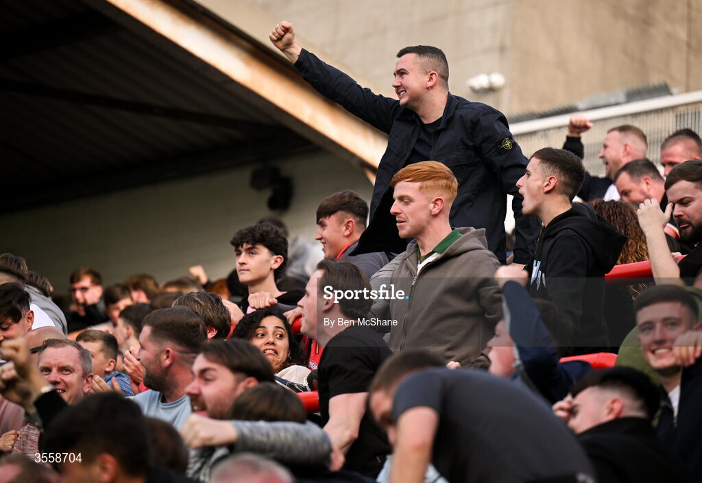 5 September 2026; St Patrick's Athletic supporters celebrate after their side's first goal during the Club Orange Men’s FAI Cup quarter-final match between St Patrick's Athletic and Bohemians at Richmond Park in Dublin. Photo by Ben McShane/Sportsfile