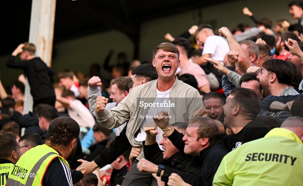 5 September 2026; St Patrick's Athletic supporters celebrate after their side's first goal during the Club Orange Men’s FAI Cup quarter-final match between St Patrick's Athletic and Bohemians at Richmond Park in Dublin. Photo by Ben McShane/Sportsfile