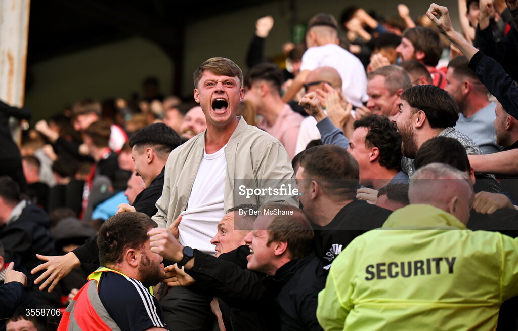 5 September 2026; St Patrick's Athletic supporters celebrate after their side's first goal during the Club Orange Men’s FAI Cup quarter-final match between St Patrick's Athletic and Bohemians at Richmond Park in Dublin. Photo by Ben McShane/Sportsfile