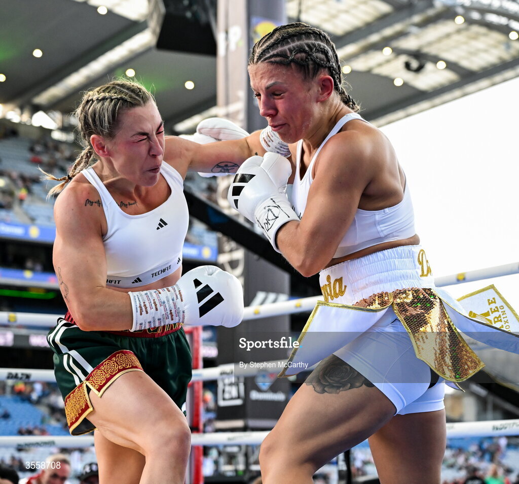 5 September 2026; Molly McCann, left, and Sylwia Doligala during their bantamweight bout at the Once Upon A Time fight night in Croke Park, Dublin. Photo by Stephen McCarthy/Sportsfile