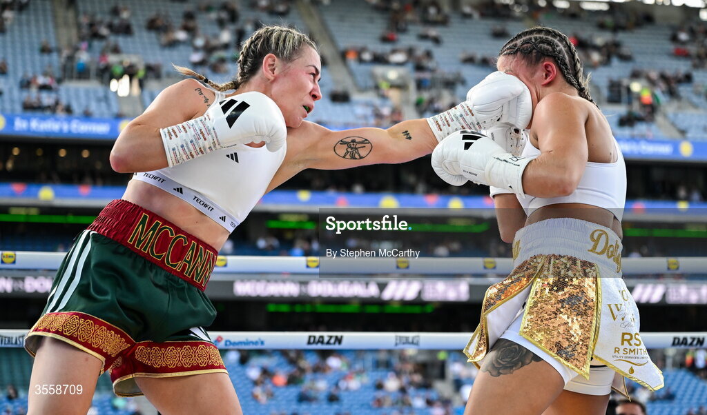 5 September 2026; Molly McCann, left, and Sylwia Doligala during their bantamweight bout at the Once Upon A Time fight night in Croke Park, Dublin. Photo by Stephen McCarthy/Sportsfile